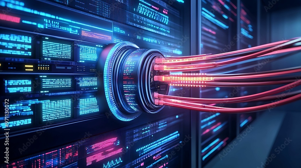 Poster illuminated telecommunication server room with glowing fiber optic cables and data streams - modern 