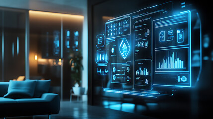 Obraz premium A futuristic smart home interface, holographic controls, minimalist design. Generative AI illustration 