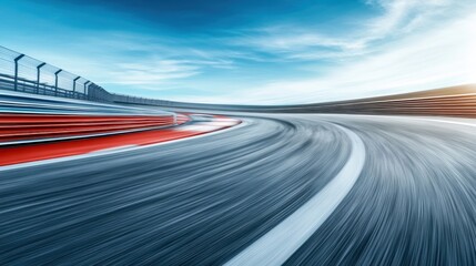 Dynamic view of a racetrack curve, showcasing speed, motion, and the thrill of racing under a clear blue sky.