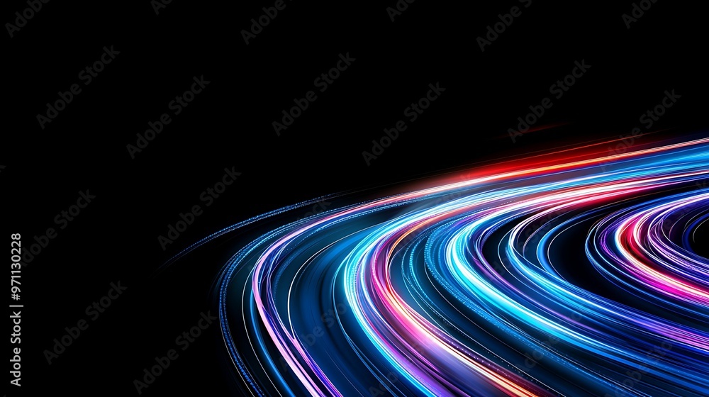 Poster futuristic high-speed data transmission concept with light trails and network lines on digital commu