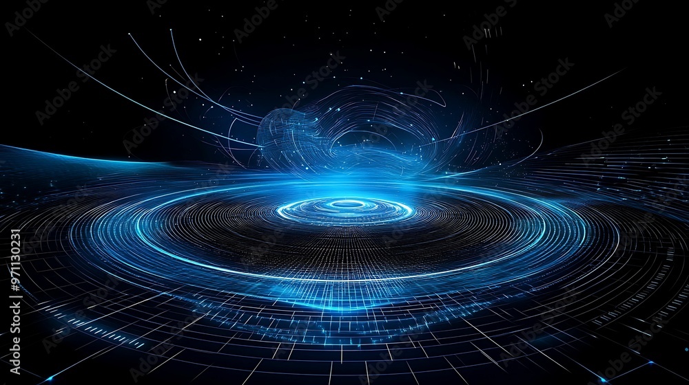 Poster futuristic telecommunication signals concept with 3d waves and concentric circles - copy space avail