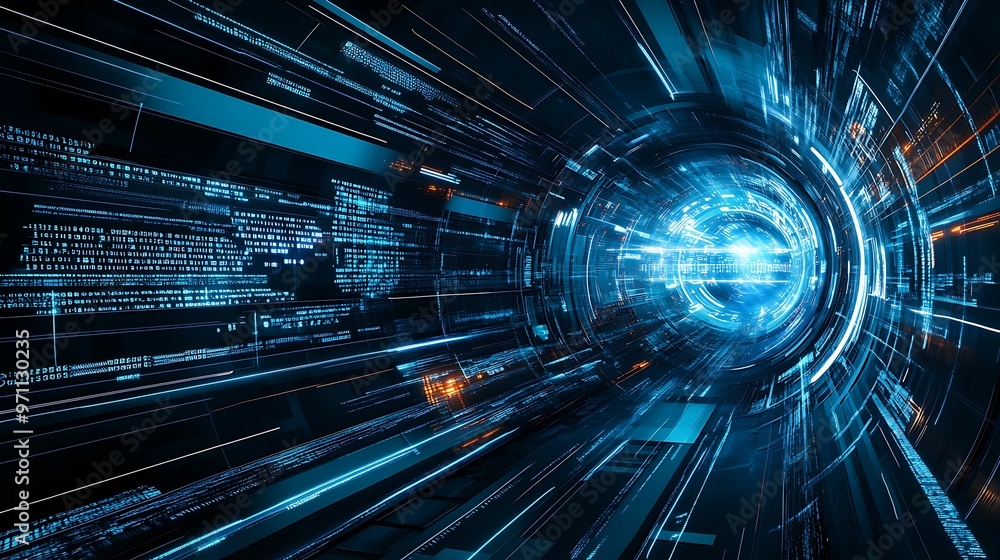 Poster futuristic telecommunication innovation with holographic screens and bright data flows - technology 