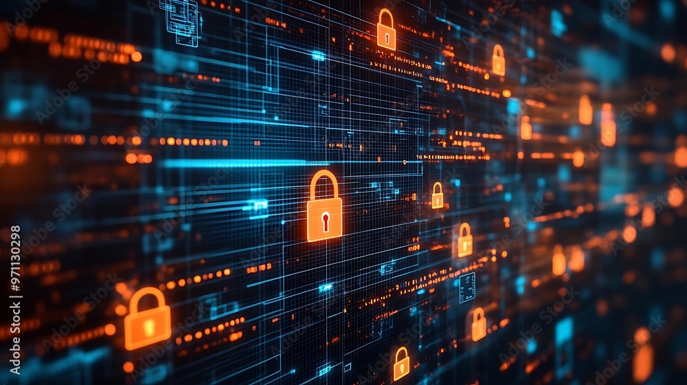 Poster digital security concept for cybersecurity, digital security concept with padlock icons, digital sec
