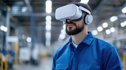 Man using virtual reality headset in an industrial environment, exploring digital applications of technology in manufacturing.