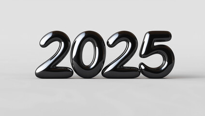"2025" is written in large, bold, and rounded black shinny material on a white background. The font is smooth and elegant, with a glossy finish that gives it a luxurious appearance.
