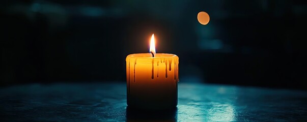 A beautifully lit candle casting a warm glow in a dimly lit environment, creating a serene and peaceful atmosphere.