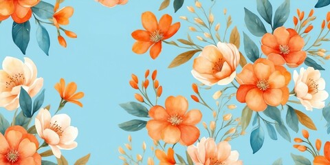 pretty orange theme flowers on pastel blue background, concept for banner, watercolor style