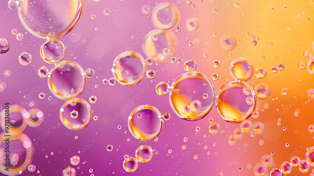 Poster a vibrant abstract image featuring bubbles floating in a gradient of purple and orange hues, evoking