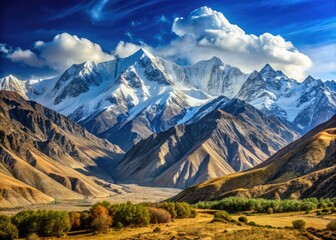 Snow-capped Hindu Kush mountain peaks stretch towards the sky, rugged terrain and sparse vegetation unfolding in majestic beauty against a brilliant blue Afghan sky.