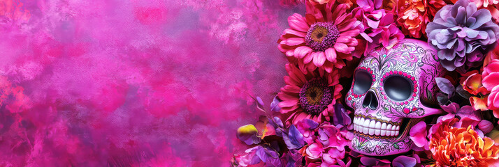 Fototapeta premium Dia de los muertos festival celebration. Vibrant image of a calavera with colorful flowers. Traditional sugar skull with purple background. Mexico tradition and culture. 