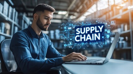 A man working on a laptop in a warehouse, with a focus on supply chain concepts.