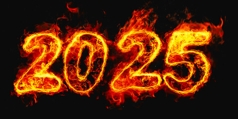 The text "2025" is written in fire, burning with flames on a black background. New Year concept. 3D rendering
