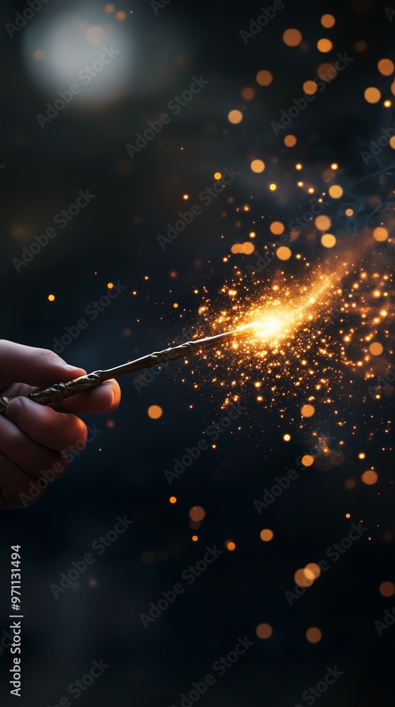 Poster sparkling wand casting bright sparks in a dark setting, creating an enchanting atmosphere at night