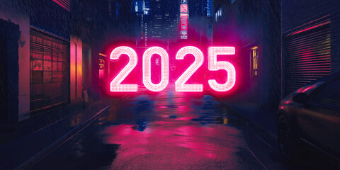 A neon sign with the numbers "2025" glowing in red against an urban background