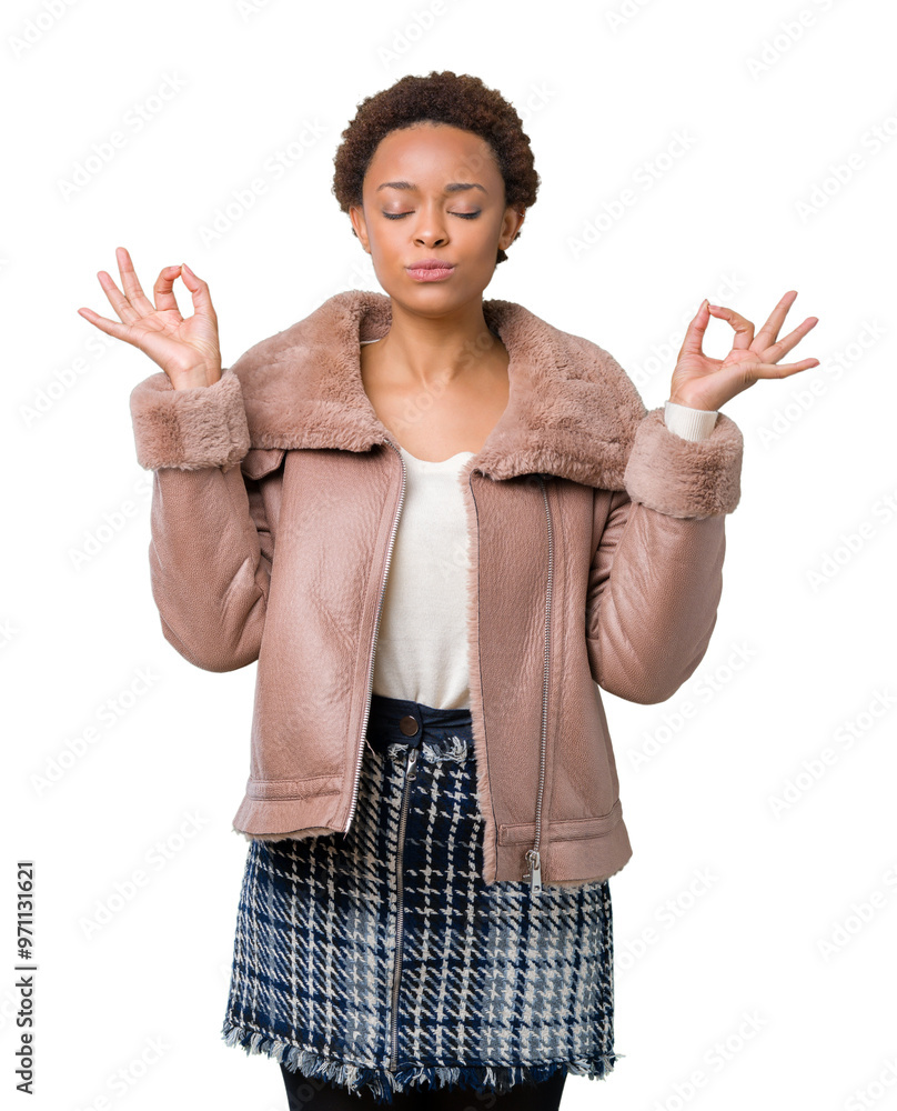 Poster young african american woman wearing winter coat over isolated background relax and smiling with eye