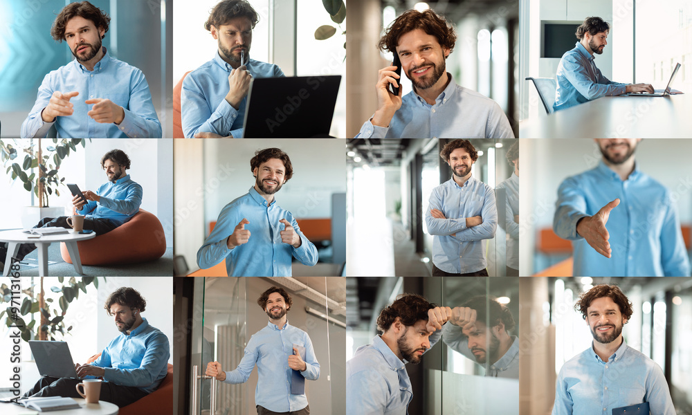 Leinwandbilder a man is seen performing a range of tasks in a contemporary office setting. he interacts with techno
