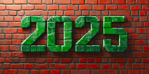 3D text "2025" made of green bricks on a red brick wall. Vector illustration. New Year concept