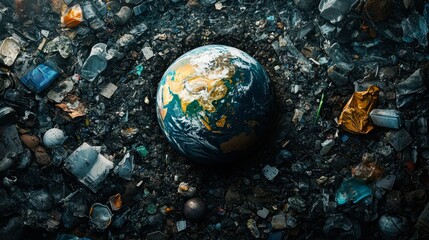 The image shows Earth surrounded by a sea of garbage, highlighting the environmental crisis and...