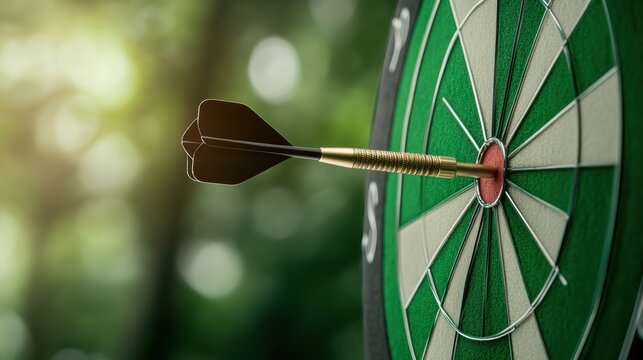 A close-up of a dart hitting the bullseye on a green dartboard, symbolizing success, precision, and focus in sports.