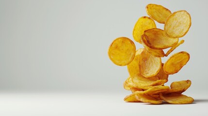 Crispy Cascade: Golden potato chips frozen in mid-air, defying gravity in a tempting snacking spectacle.