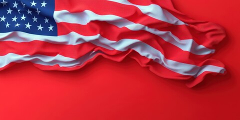 Old Glory folds gracefully over a vibrant red background, symbolizing patriotism and national pride in a striking visual display. Generative AI