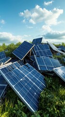 A collection of discarded solar panels amidst lush greenery under a clear blue sky, highlighting renewable energy waste.
