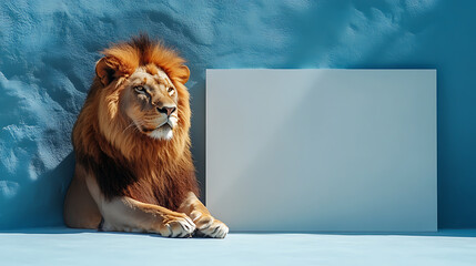 The lion is sitting in front of a white sign.