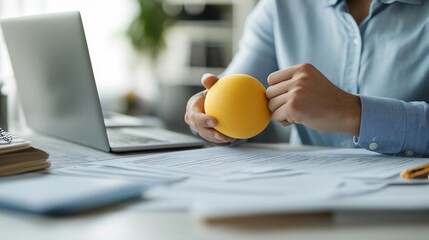 Professional clenching a stress ball while looking at bankruptcy documents, trying to manage anxiety, stress bankrupt