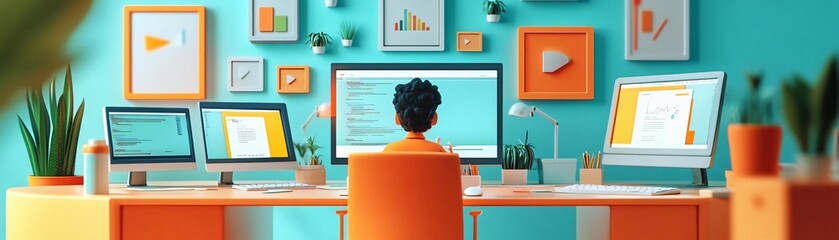Stressed by online meetings, multiple screens, chaotic environment, 3D illustration