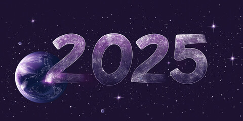 The numbers "2025" made of purple space dust, floating in the universe with a planet visible behind them.