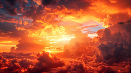 Orange-red coloured cloudy sky after sunset, cloud formation, evening sky, sunset,photostock style