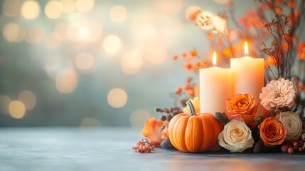 Autumn-themed arrangement with lit candles, pumpkins, and flowers, perfect for seasonal marketing, social media posts, or holiday greeting cards,