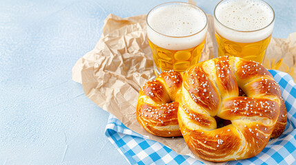 Pretzel and beer served on blue checkered tablecloth with crispy texture and golden color