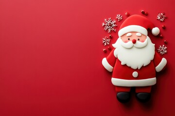 Santa Claus Figurine with Snowflakes and Red Beads on Red Background