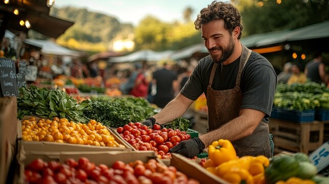 A vendor arranges fresh produce at a vibrant market, showcasing colorful vegetables and fruits.
