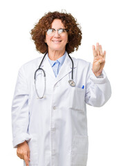 Middle ager senior doctor woman over isolated background showing and pointing up with fingers number four while smiling confident and happy.