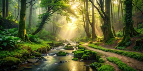 Softly lit misty forest trail surrounded by lush greenery, with a gentle stream flowing peacefully, evoking feelings of calm and inner tranquility.