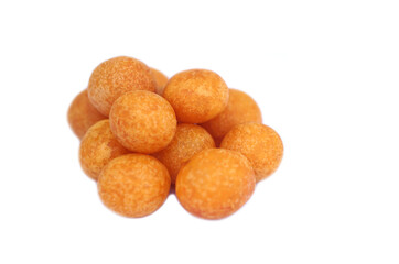 Deep fried sweet potato balls isolated on white background.Concept, Thai street food. Fried food with high calorie and carbohydrate but delicious to eat. Snack or dessert        