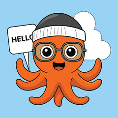 Adorable octopus with glasses and a beanie holding a 