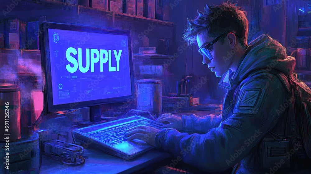 Poster a person working on a computer in a dimly lit room, focused on a screen displaying 