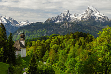 Spring views of Bavaria with Alpes on the background captured in spring.
