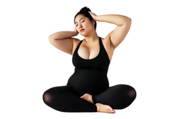 Young Overweighted Asian Woman In A Seated Yoga Pose With Transparent Background, Relaxing In A Black Outfit, Body Positivity And Self Acceptance