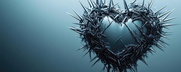 A striking heart made of sharp thorns, symbolizing love intertwined with pain and beauty, set against a soft blue background.