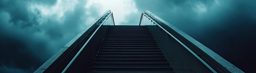 A dramatic view of a staircase leading up into a cloudy sky, symbolizing ascent and transition, evoking emotions of hope and mystery.