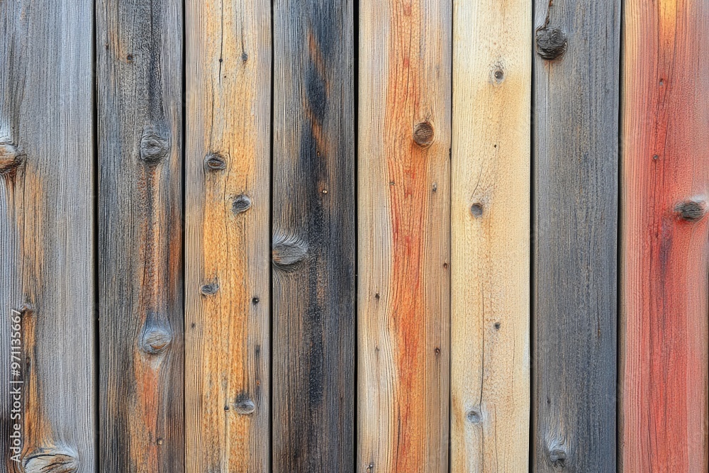 Poster a rustic wooden wall with various colors. perfect for backgrounds or textures in design projects.