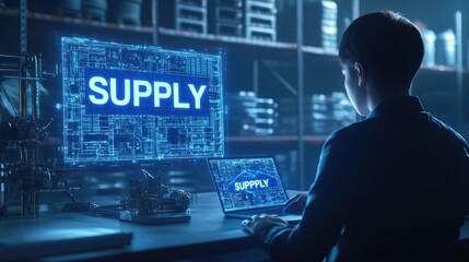 A person working on a laptop with a large screen displaying "SUPPLY" in a tech environment.