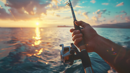 Hands of a man holding a fishing rod, a fisherman catches fish at dawn. Fishing hobby vacation concept. Copy space.