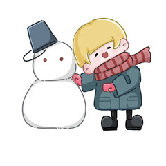 ゆきだるまと笑顔の少年