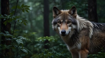 Fototapeta premium Illustration of a concentrated wild wolf looking at the camera in the rain in a leafy forest. generative.ai