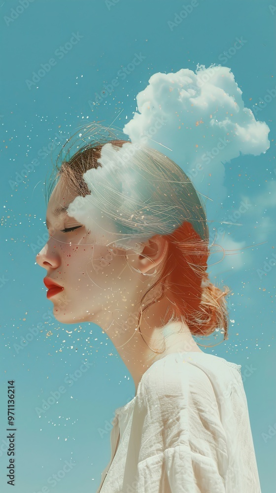 Wall mural dreamy portrait of a woman with a cloud in her hair